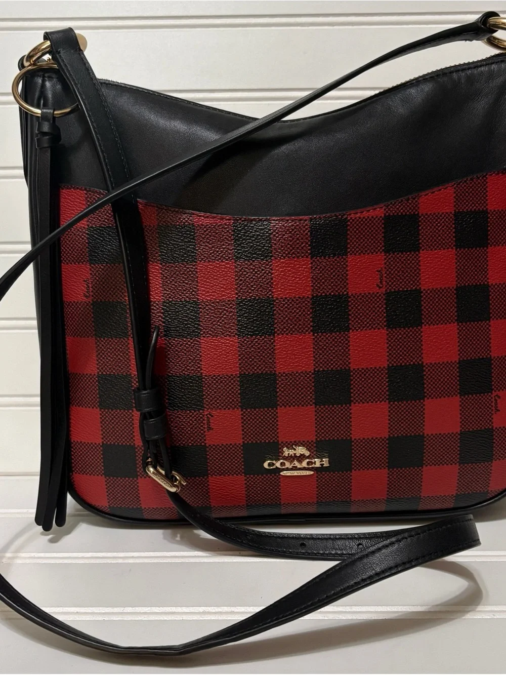 COACH Chaise Red Black Gingham Print Canvas Crossbody Shoulder Bag Purse Tote